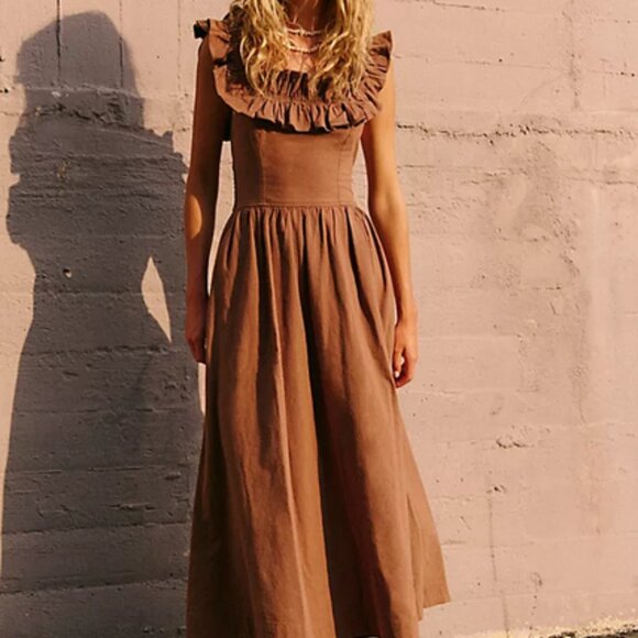 Free People Ruffle It Up Midi Dress Brownie Tie Back Smocked New L - Picture 1 of 10
